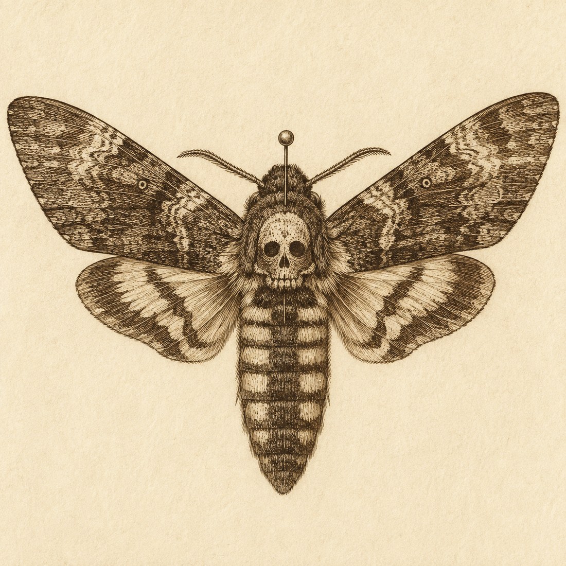 Steel-engraved plate of a death's-head hawkmoth on cream paper, wings spread, an entomological pin through the thorax and the skull mark clearly visible