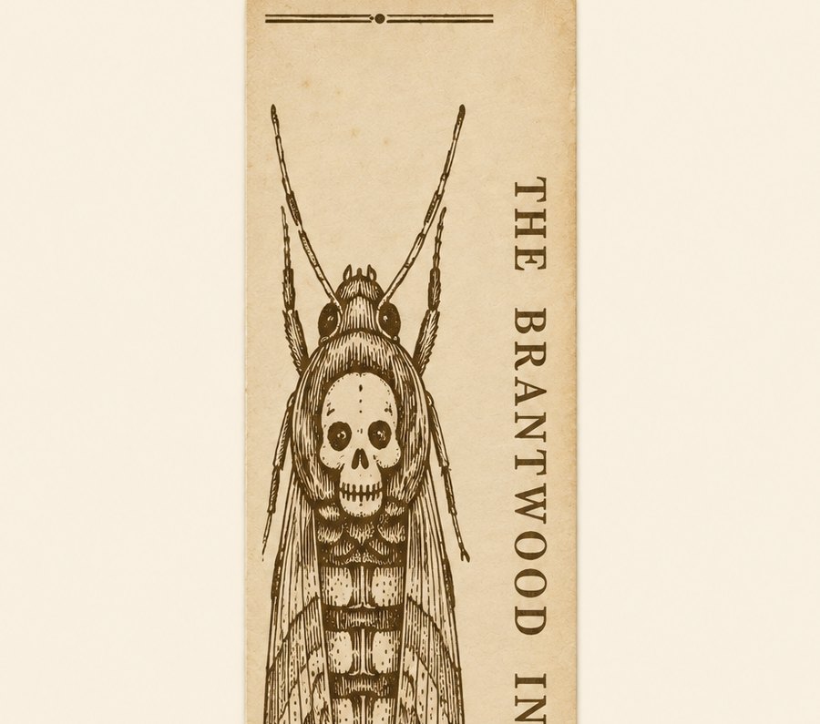 Tall printed bookmark with a large engraved moth seen head-on