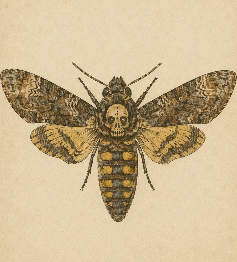 Engraved death's-head hawkmoth with the skull mark on its thorax, printed on a cabinet card