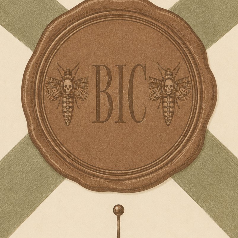 Red wax seal stamped BIC with two small moths flanking the monogram