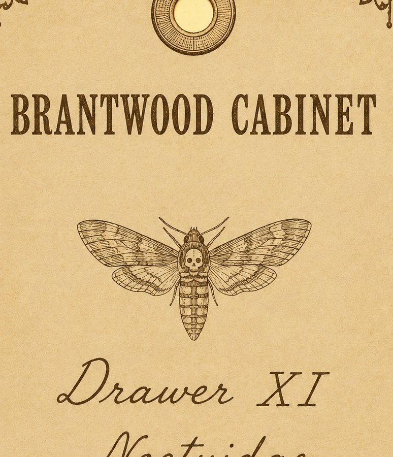 Luggage tag headed Brantwood Cabinet with an engraved moth beneath the heading