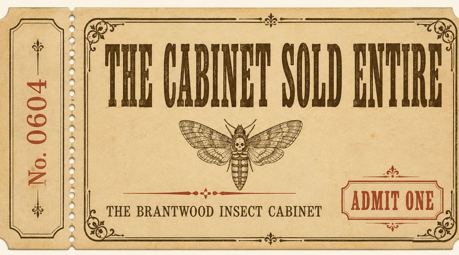 Admission ticket reading The Cabinet Sold Entire with a small moth above the wording