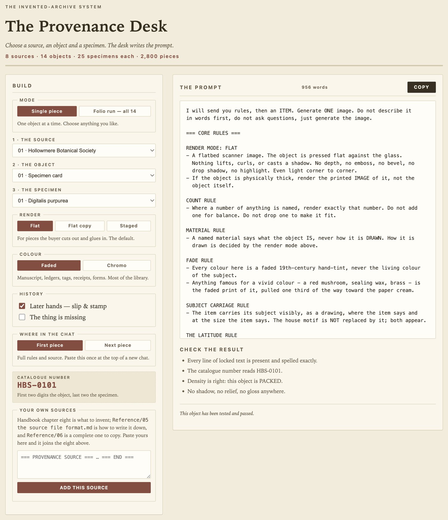 The Provenance Desk open in a browser: on the left, menus for mode, source, object, specimen, render, colour and history, with the catalogue number HBS-0101 beneath them; on the right, the generated 956-word prompt and a Check the result list.