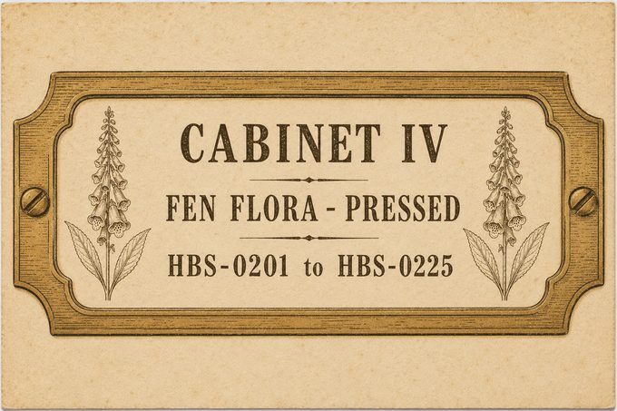 Brass drawer label reading Cabinet IV, Fen Flora — Pressed, HBS-0201 to HBS-0225, with engraved foxgloves either side
