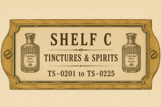 Drawer label reading Shelf C, Tinctures and Spirits, TS-0201 to TS-0225, with engraved apothecary bottles