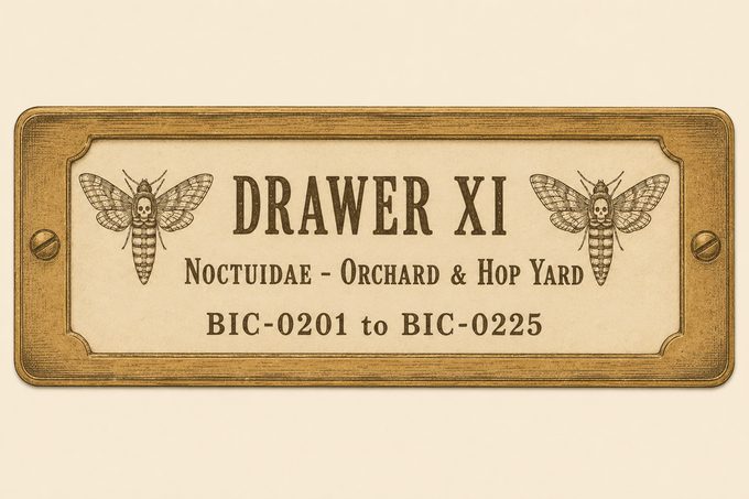 Drawer label reading Drawer XI, Noctuidae — Orchard and Hop Yard, BIC-0201 to BIC-0225, with two engraved moths