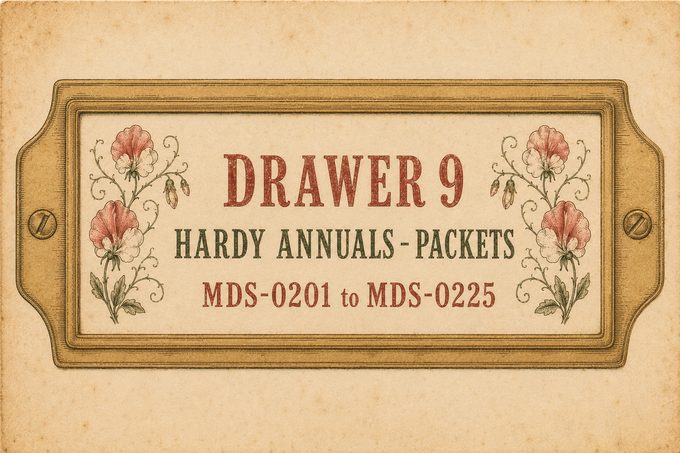 Drawer label reading Drawer 9, Hardy Annuals — Packets, MDS-0201 to MDS-0225, printed in red with sweet peas