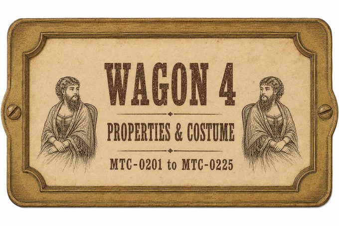 Drawer label reading Wagon 4, Properties and Costume, MTC-0201 to MTC-0225, with two engraved circus portraits