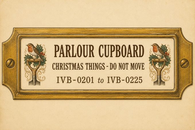 Drawer label reading Parlour Cupboard, Christmas Things — Do Not Move, IVB-0201 to IVB-0225, with a robin and holly