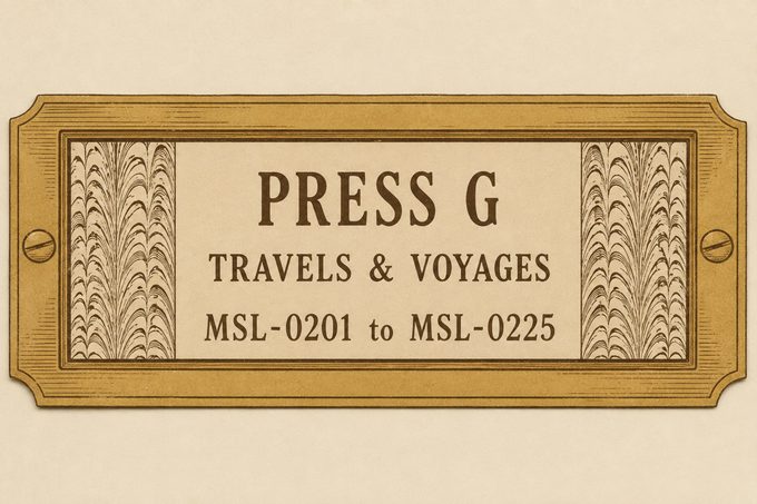 Drawer label reading Press G, Travels and Voyages, MSL-0201 to MSL-0225, framed in marbled paper