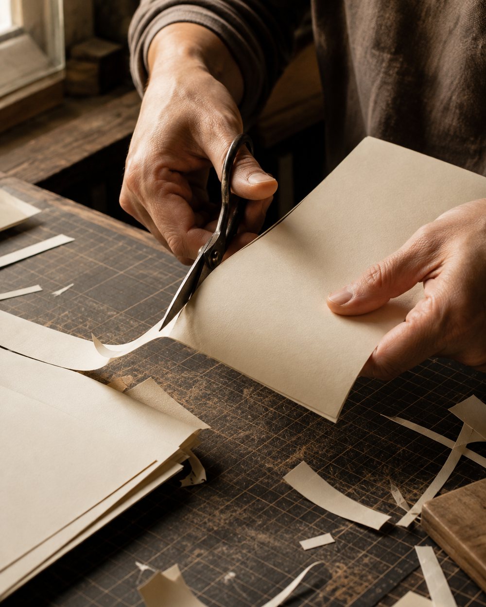 Two hands trimming a sheet of cream paper with steel scissors over a worn cutting mat, offcuts scattered around