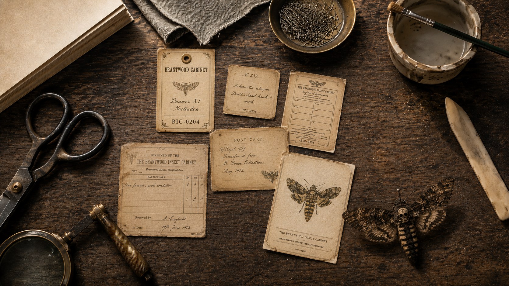 A bookbinder's table seen from above: scissors, a magnifier, a bone folder, a brass tray of pins and a glue pot around the edges. On the wood lie aged ephemera from an invented insect archive — a luggage tag, a specimen note, a register form, a receipt, a postcard and a cabinet card bearing a death's-head hawkmoth. A moth rests on the table at the right.