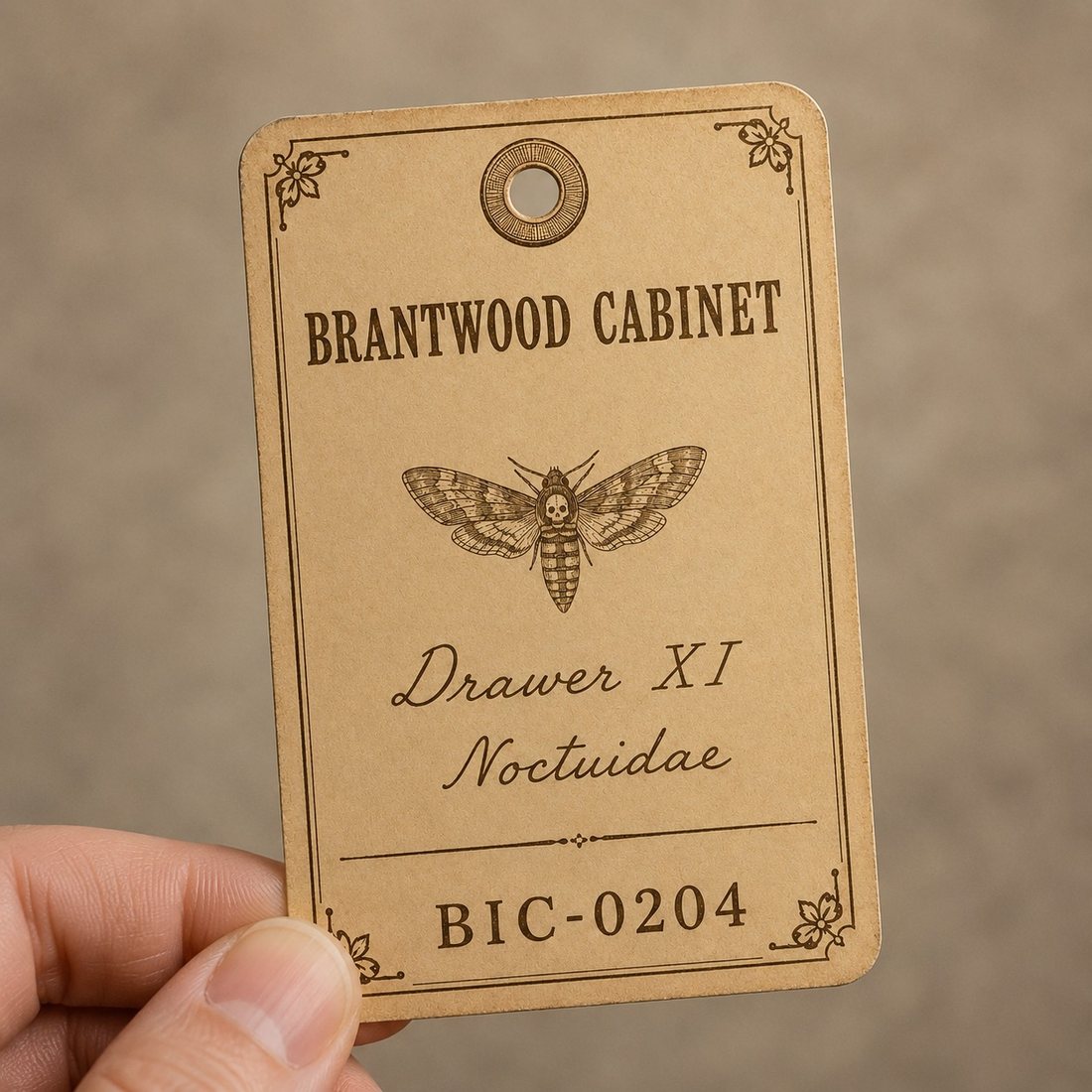 A printed luggage tag held between finger and thumb, showing the thickness of the paper at the edge