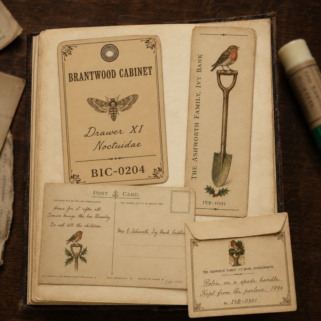 Three printed pieces glued into an open junk journal, one lifting slightly at the corner