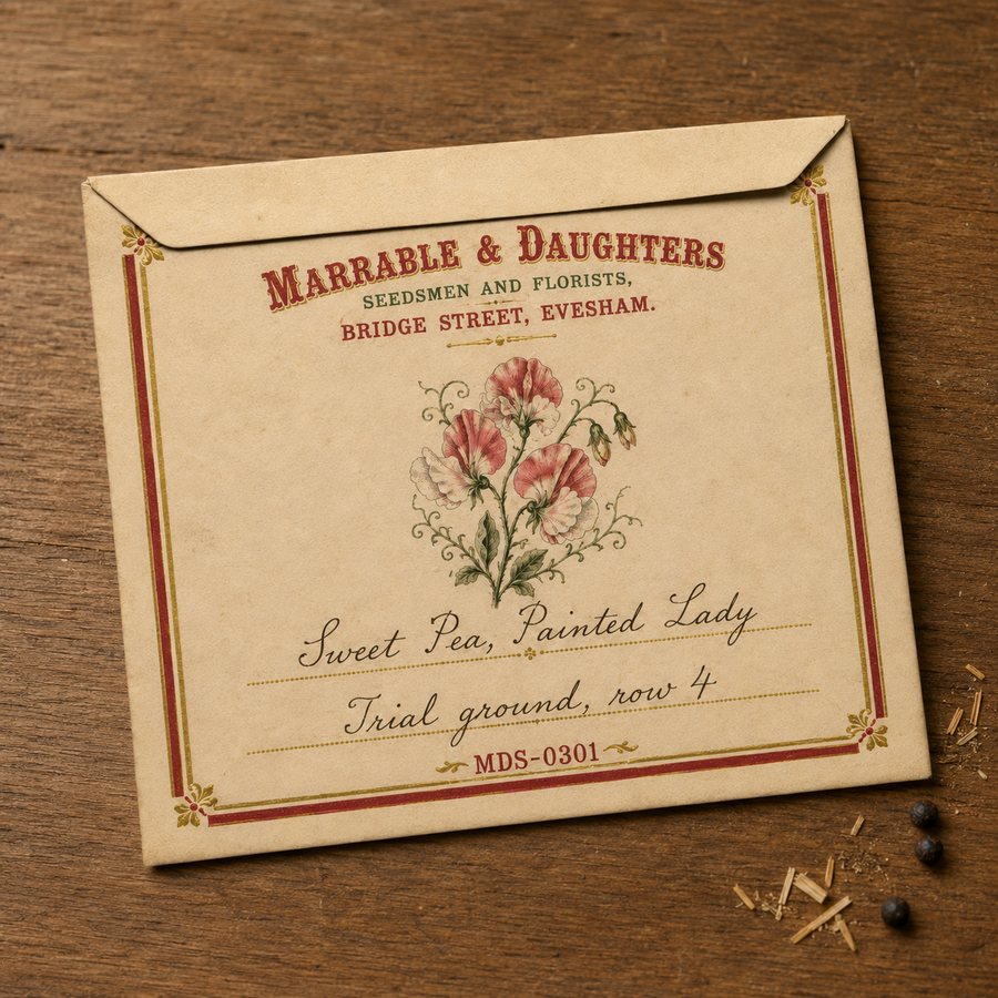 Seed envelope photographed on bare wood with loose seeds beside it