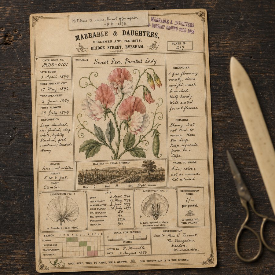 Specimen card photographed on a scrubbed table with a bone folder and scissors out of focus