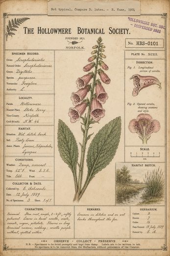 Botanical specimen card with a pressed foxglove and handwritten data