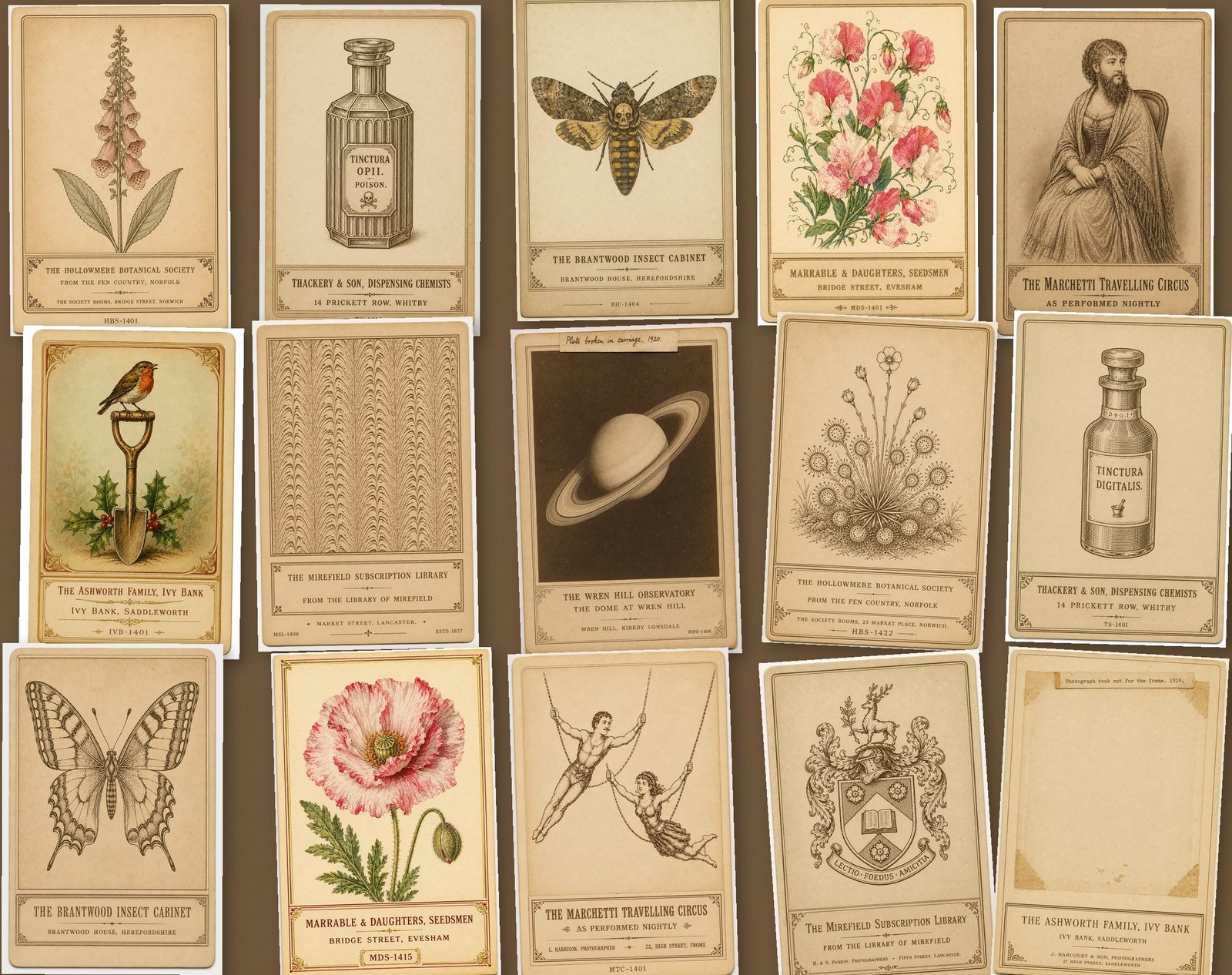 Fifteen cabinet cards from fifteen different invented sources arranged in a grid, showing botanical, entomological, astronomical, circus, apothecary and library subjects