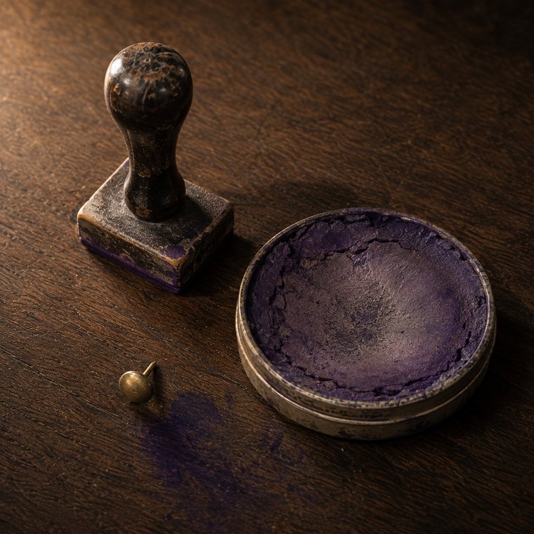 A worn rubber stamp standing beside a tin of dried purple stamp ink, with faint purple smudges on the wood