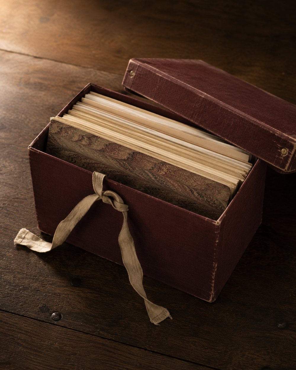 A cloth-covered archive document box on dark oak, its lid lifted off and set behind it, faded cotton tape hanging loose, stacked cream paper and a marbled portfolio just visible inside