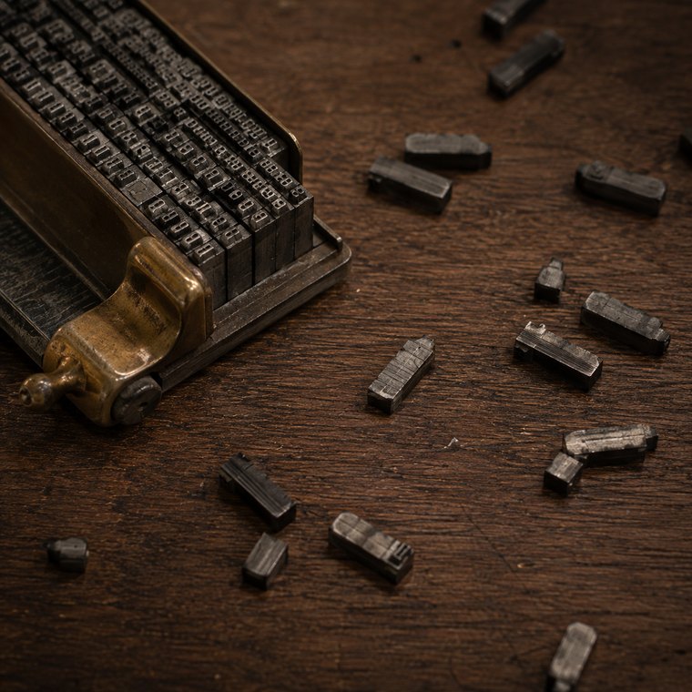 A printer's composing stick holding a dense block of metal type, with loose sorts scattered widely across the wood beside it